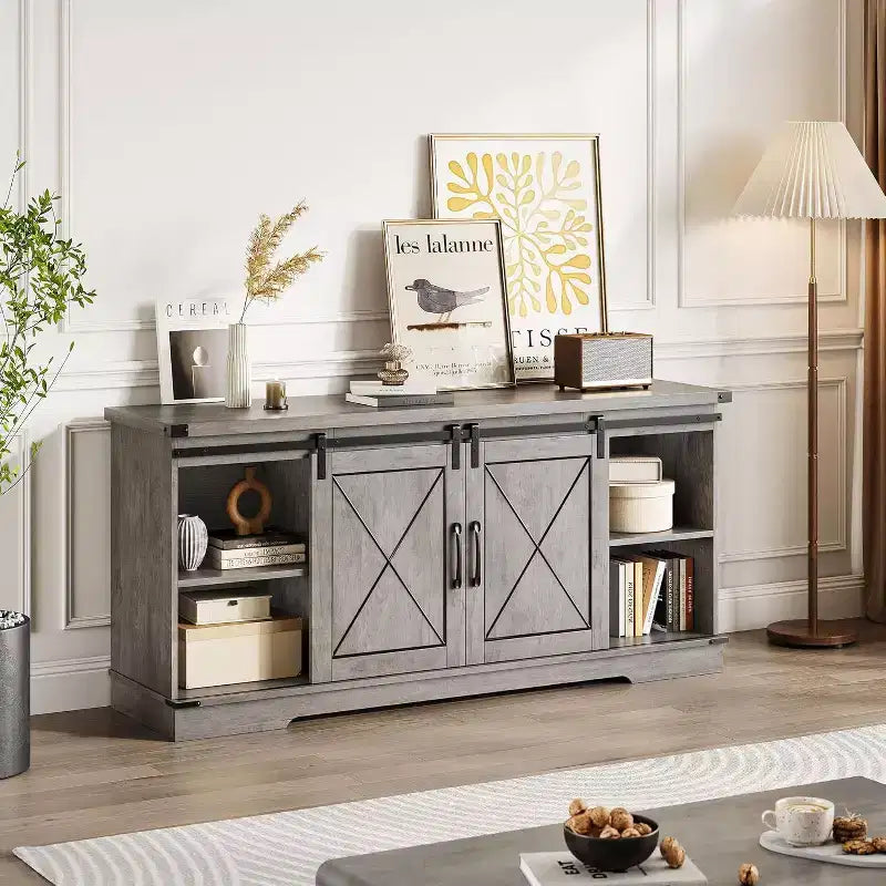 Meuble TV de style rustique pour téléviseurs jusqu'à 65 pouces avec portes coulissantes de grange et étagère réglable, table console de rangement pour médias TV