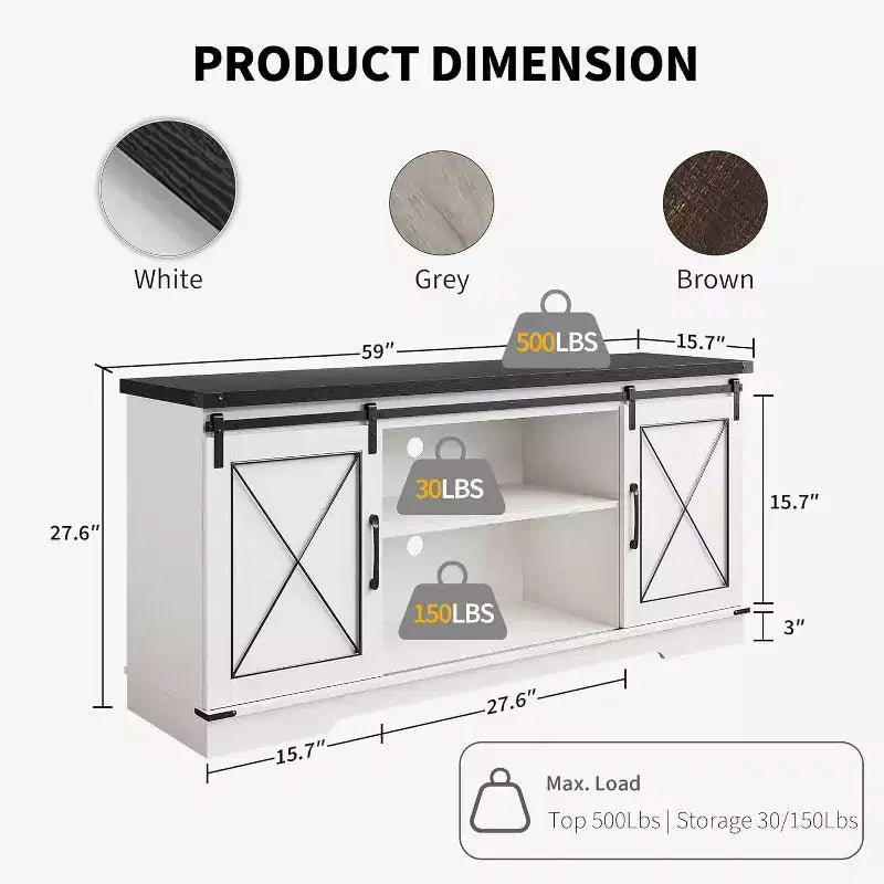 Meuble TV de style rustique pour téléviseurs jusqu'à 65 pouces avec portes coulissantes de grange et étagère réglable, table console de rangement pour médias TV