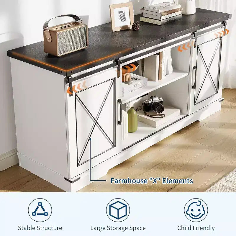 Meuble TV de style rustique pour téléviseurs jusqu'à 65 pouces avec portes coulissantes de grange et étagère réglable, table console de rangement pour médias TV