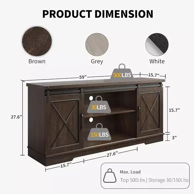 Meuble TV de style rustique pour téléviseurs jusqu'à 65 pouces avec portes coulissantes de grange et étagère réglable, table console de rangement pour médias TV