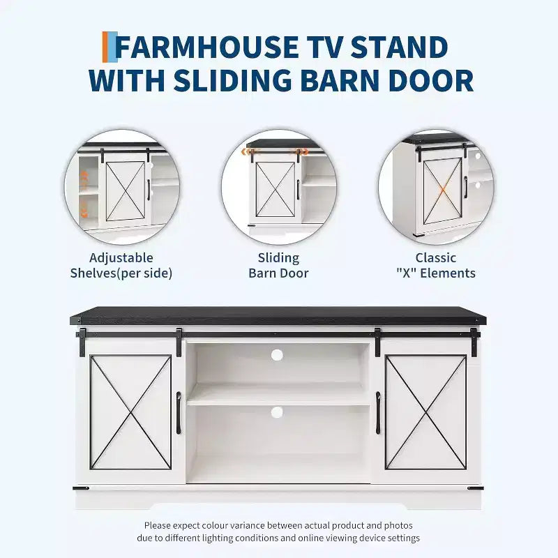 Meuble TV de style rustique pour téléviseurs jusqu'à 65 pouces avec portes coulissantes de grange et étagère réglable, table console de rangement pour médias TV