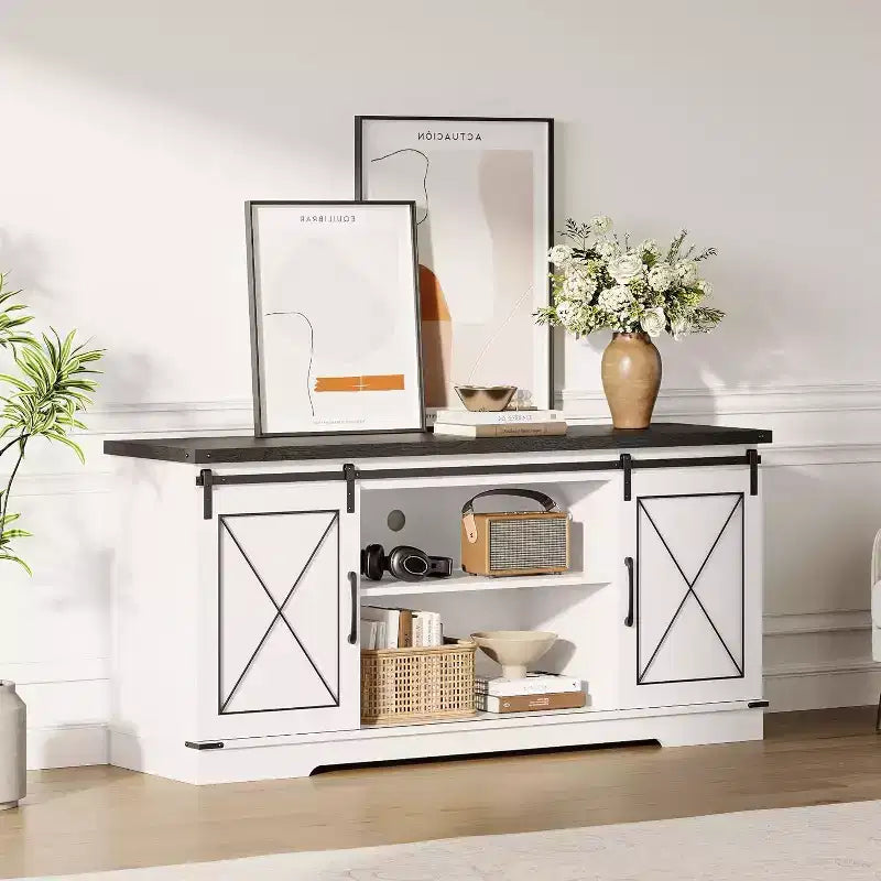 Meuble TV de style rustique pour téléviseurs jusqu'à 65 pouces avec portes coulissantes de grange et étagère réglable, table console de rangement pour médias TV