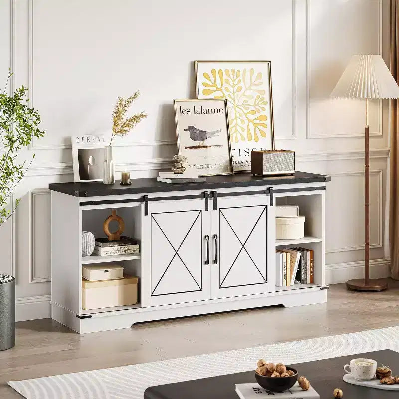 Meuble TV de style rustique pour téléviseurs jusqu'à 65 pouces avec portes coulissantes de grange et étagère réglable, table console de rangement pour médias TV