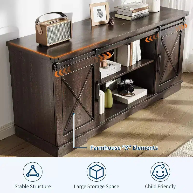 Meuble TV de style rustique pour téléviseurs jusqu'à 65 pouces avec portes coulissantes de grange et étagère réglable, table console de rangement pour médias TV