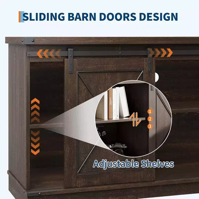 Meuble TV de style rustique pour téléviseurs jusqu'à 65 pouces avec portes coulissantes de grange et étagère réglable, table console de rangement pour médias TV