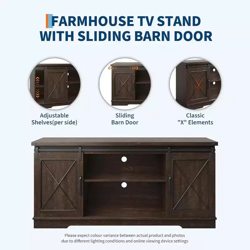 Meuble TV de style rustique pour téléviseurs jusqu'à 65 pouces avec portes coulissantes de grange et étagère réglable, table console de rangement pour médias TV