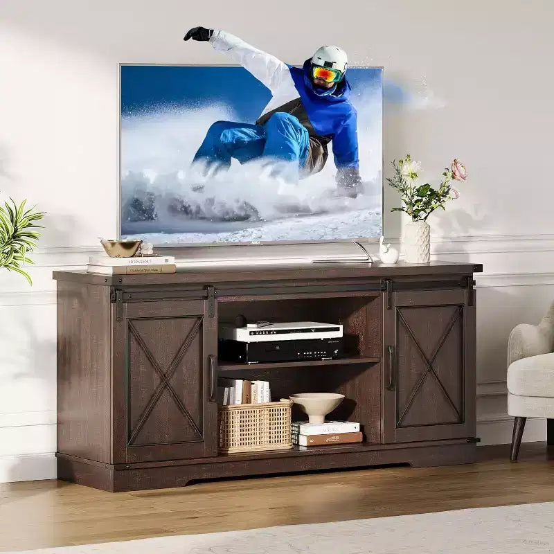 Farmhouse TV Stand and Entertainment Center for TV Up to 65 Inches w/Sliding Barn Doors and Adjustable Shelf, TV Media Storage Console Table