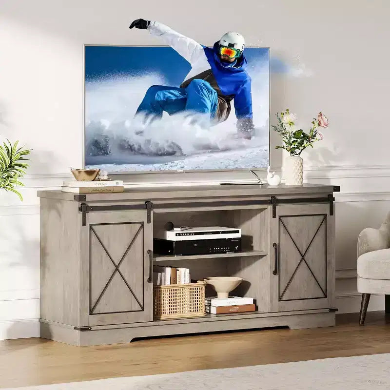 Meuble TV de style rustique pour téléviseurs jusqu'à 65 pouces avec portes coulissantes de grange et étagère réglable, table console de rangement pour médias TV