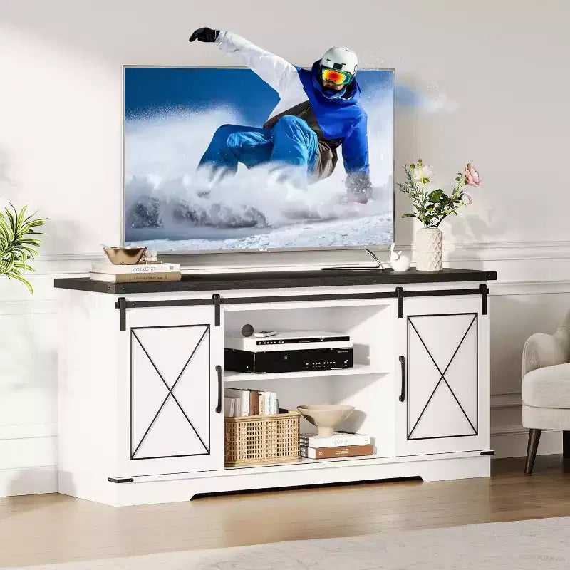 Meuble TV de style rustique pour téléviseurs jusqu'à 65 pouces avec portes coulissantes de grange et étagère réglable, table console de rangement pour médias TV