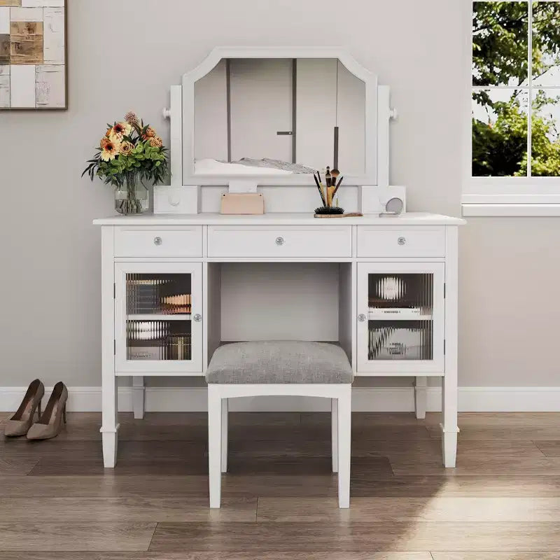 ModernLuxe Makeup Vanity Desk with Large Adjustable Mirror, Stool & Drawers, White Vanity Table Dressing Table Multi-Functional Computer Writing Desk