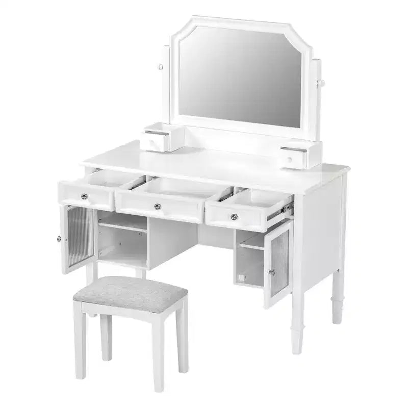 Coiffeuse avec grand miroir réglable, tabouret et tiroirs, table de maquillage blanche, table de dressing, bureau d'ordinateur multifonctionnel