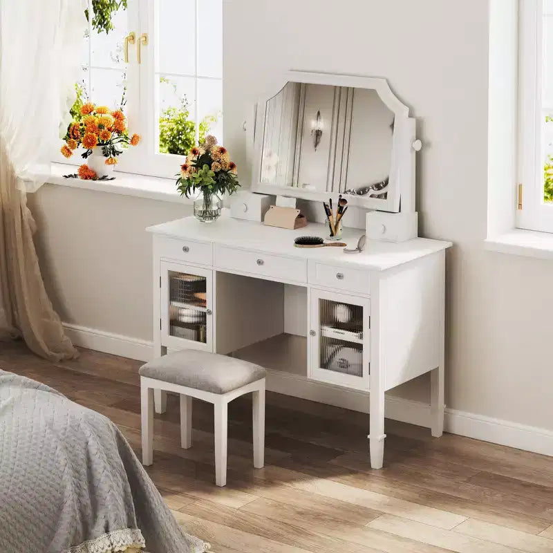 Coiffeuse avec grand miroir réglable, tabouret et tiroirs, table de maquillage blanche, table de dressing, bureau d'ordinateur multifonctionnel