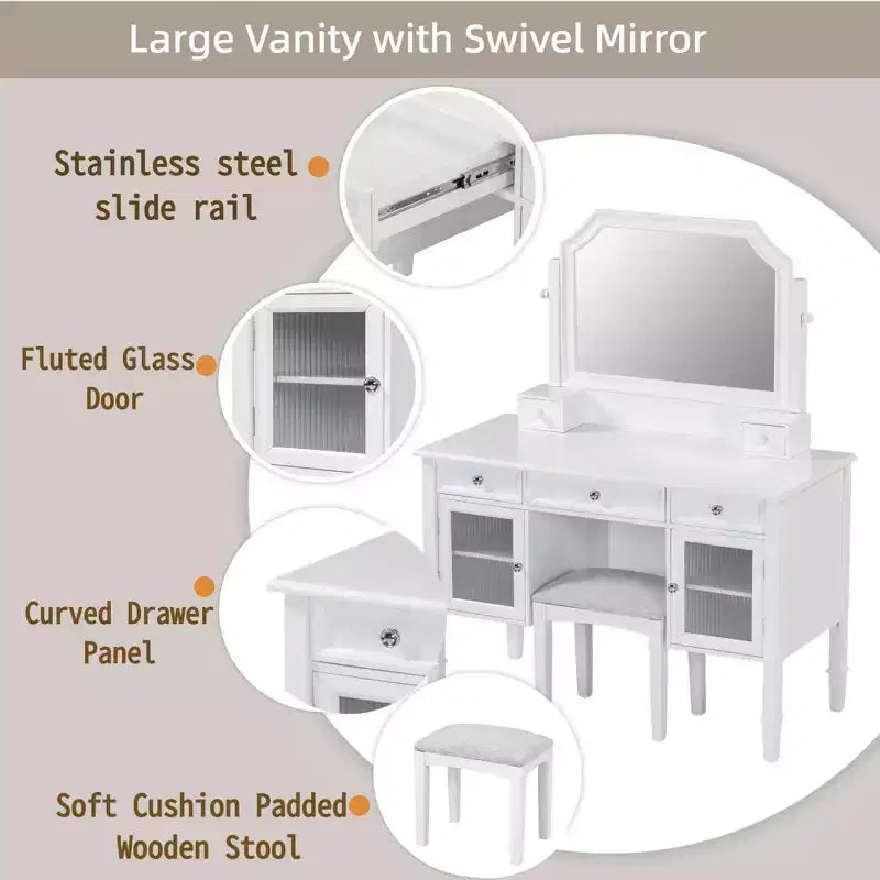 Coiffeuse avec grand miroir réglable, tabouret et tiroirs, table de maquillage blanche, table de dressing, bureau d'ordinateur multifonctionnel