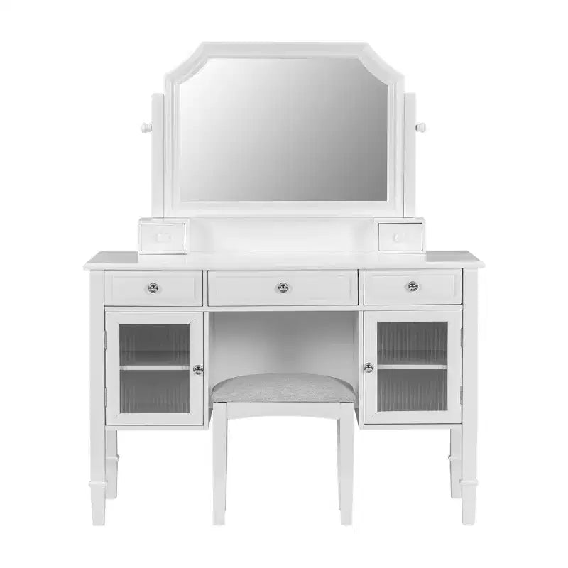 Coiffeuse avec grand miroir réglable, tabouret et tiroirs, table de maquillage blanche, table de dressing, bureau d'ordinateur multifonctionnel