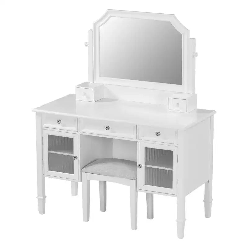 Coiffeuse avec grand miroir réglable, tabouret et tiroirs, table de maquillage blanche, table de dressing, bureau d'ordinateur multifonctionnel