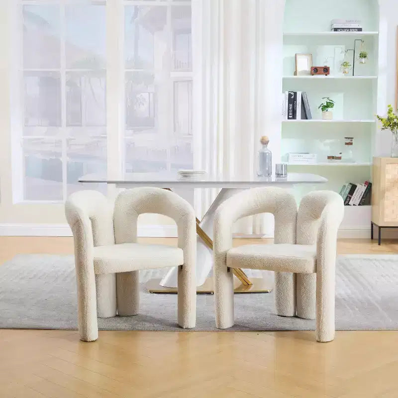 Chaise d'appoint moderne en chenille douce - Fauteuil barillet à dossier ouvert à 3 pieds - Ensemble de 2 chaises de salle à manger confortables (beige)