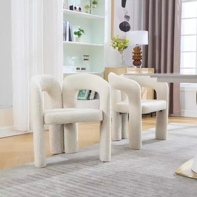 Chaise d'appoint moderne en chenille douce - Fauteuil barillet à dossier ouvert à 3 pieds - Ensemble de 2 chaises de salle à manger confortables (beige)