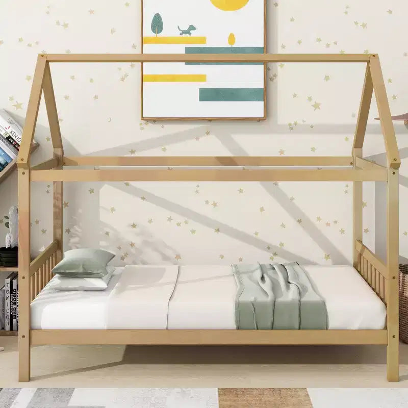 MAYEERTY Twin Rubber Wood Bed with House Frame Beige