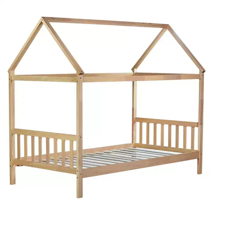 Lit jumeau en hévéa avec cadre en forme de maison beige