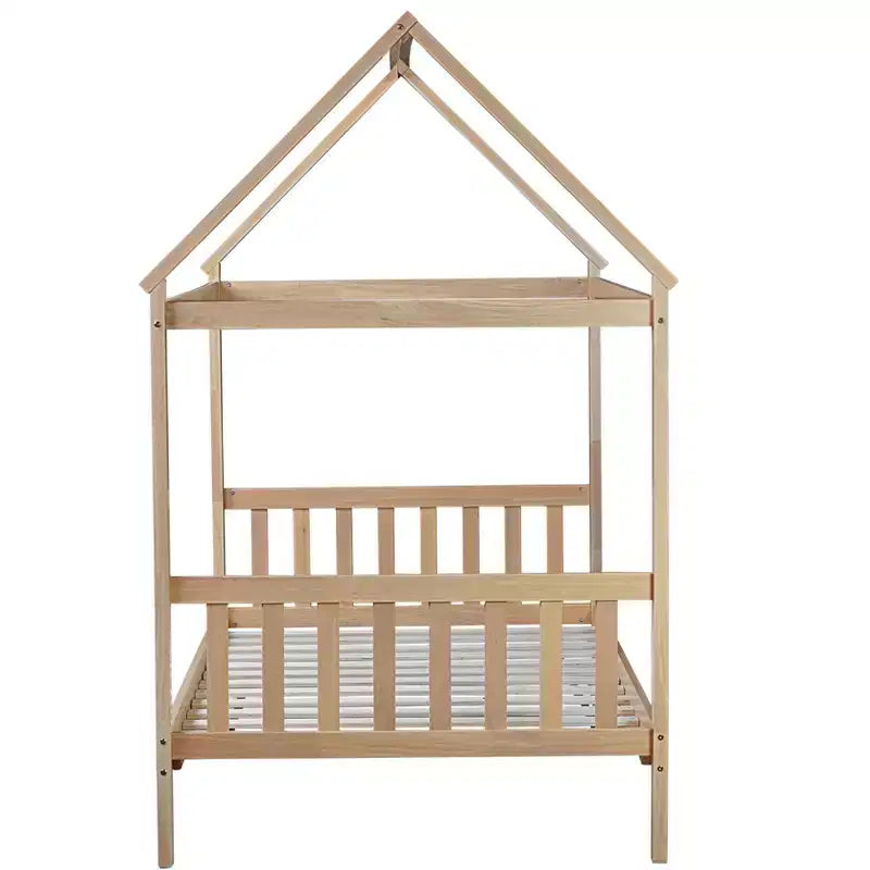 Lit jumeau en hévéa avec cadre en forme de maison beige