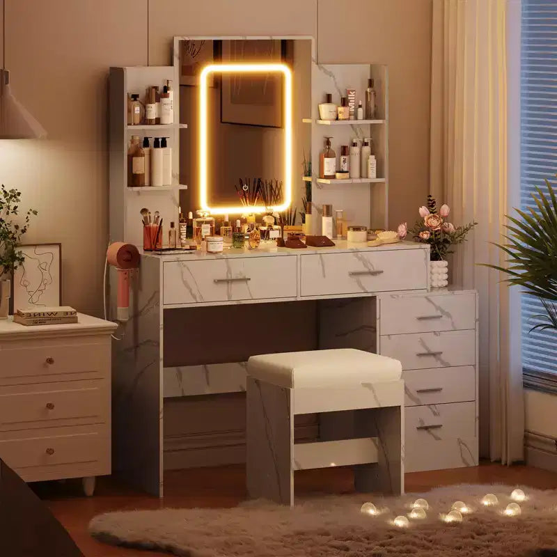 Coiffeuse, coiffeuse avec miroir, coiffeuse blanche avec 6 tiroirs et étagères, coiffeuse, coiffeuse avec tabouret
