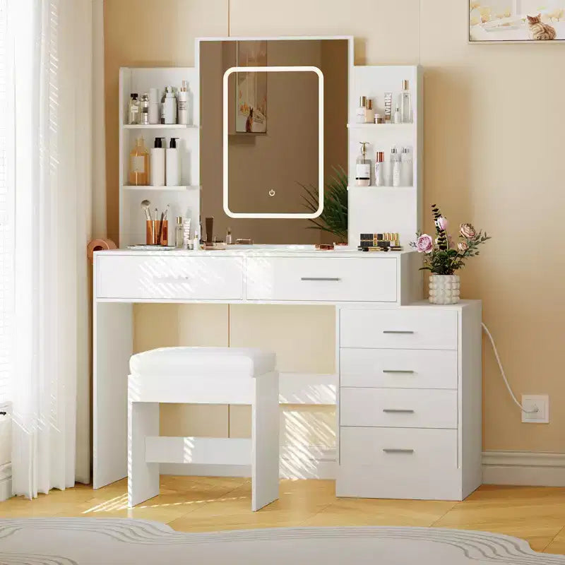 Coiffeuse, coiffeuse avec miroir, coiffeuse blanche avec 6 tiroirs et étagères, coiffeuse, coiffeuse avec tabouret