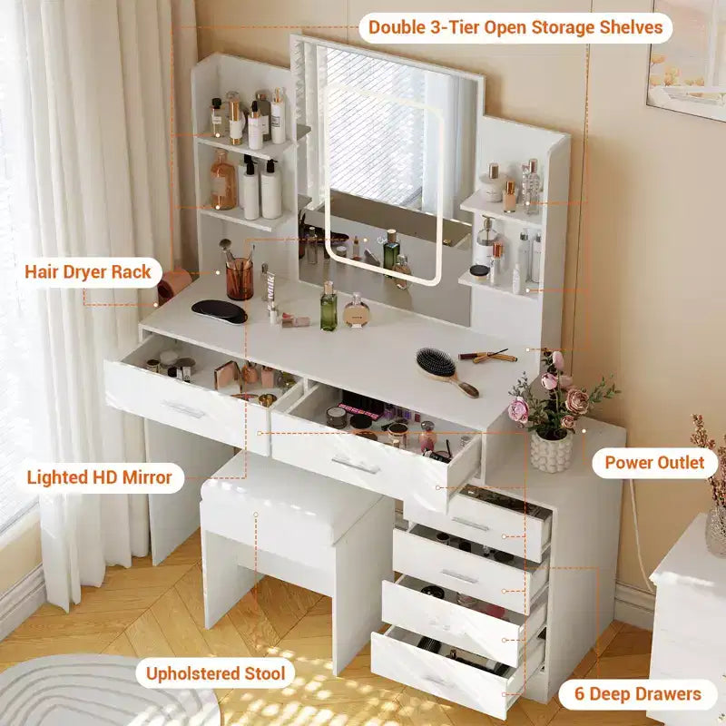 Coiffeuse, coiffeuse avec miroir, coiffeuse blanche avec 6 tiroirs et étagères, coiffeuse, coiffeuse avec tabouret