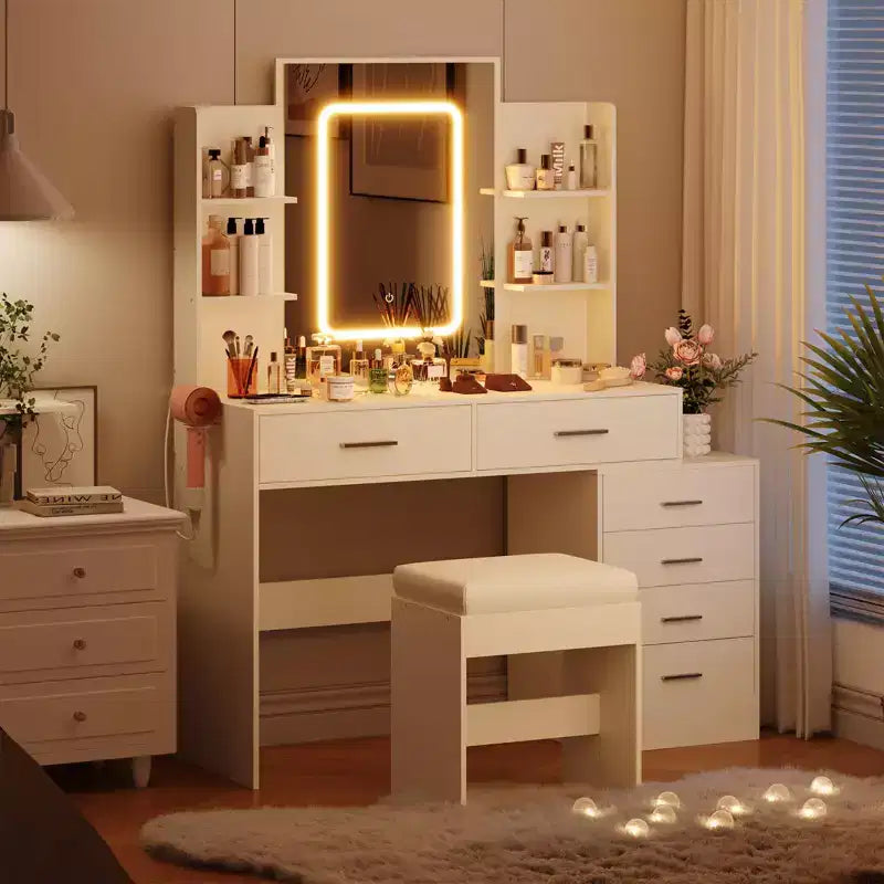Coiffeuse, coiffeuse avec miroir, coiffeuse blanche avec 6 tiroirs et étagères, coiffeuse, coiffeuse avec tabouret