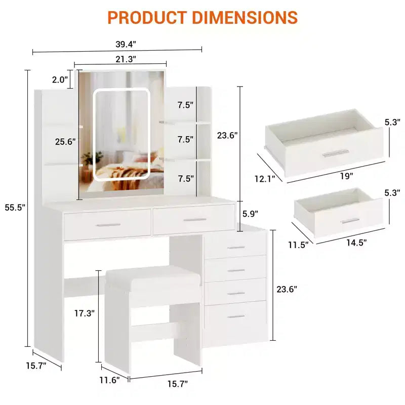 Coiffeuse, coiffeuse avec miroir, coiffeuse blanche avec 6 tiroirs et étagères, coiffeuse, coiffeuse avec tabouret