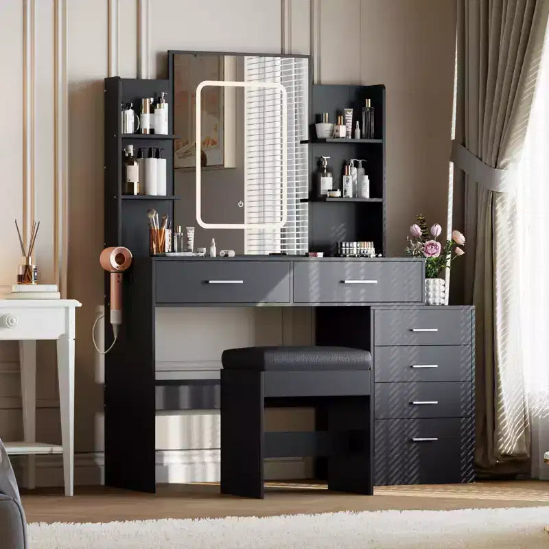 Coiffeuse, coiffeuse avec miroir, coiffeuse blanche avec 6 tiroirs et étagères, coiffeuse, coiffeuse avec tabouret