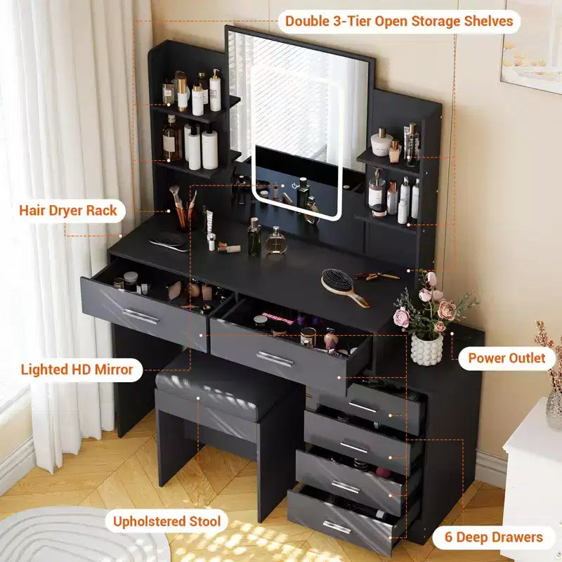 Coiffeuse, coiffeuse avec miroir, coiffeuse blanche avec 6 tiroirs et étagères, coiffeuse, coiffeuse avec tabouret