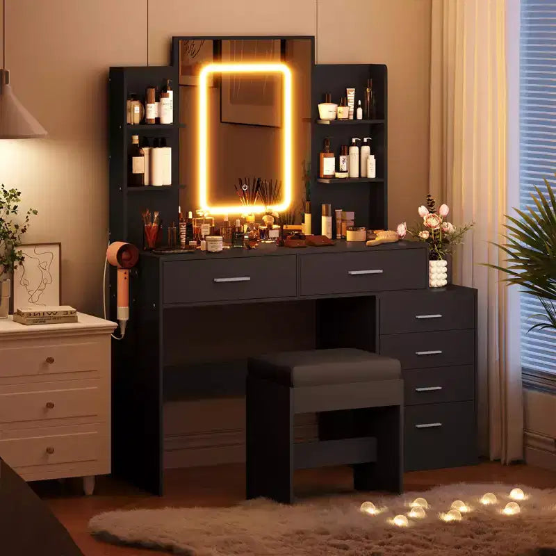 Coiffeuse, coiffeuse avec miroir, coiffeuse blanche avec 6 tiroirs et étagères, coiffeuse, coiffeuse avec tabouret