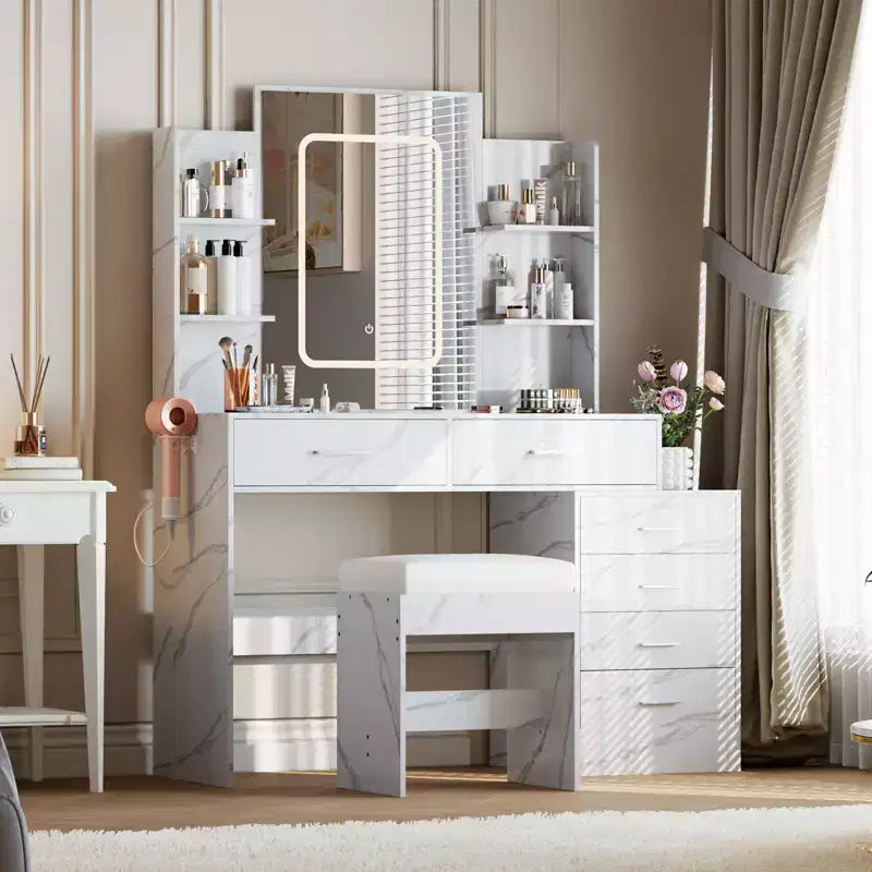Coiffeuse, coiffeuse avec miroir, coiffeuse blanche avec 6 tiroirs et étagères, coiffeuse, coiffeuse avec tabouret