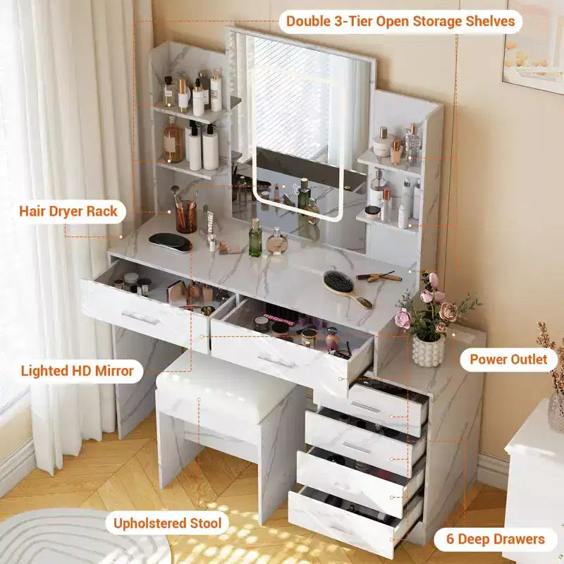 Coiffeuse, coiffeuse avec miroir, coiffeuse blanche avec 6 tiroirs et étagères, coiffeuse, coiffeuse avec tabouret