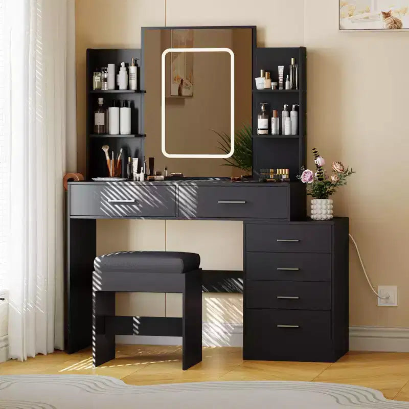 Makeup Vanity, Vanity Desk with Mirror , White Vanity with 6 Drawers and Shelves, Vanity Desk, Vanity with Stool