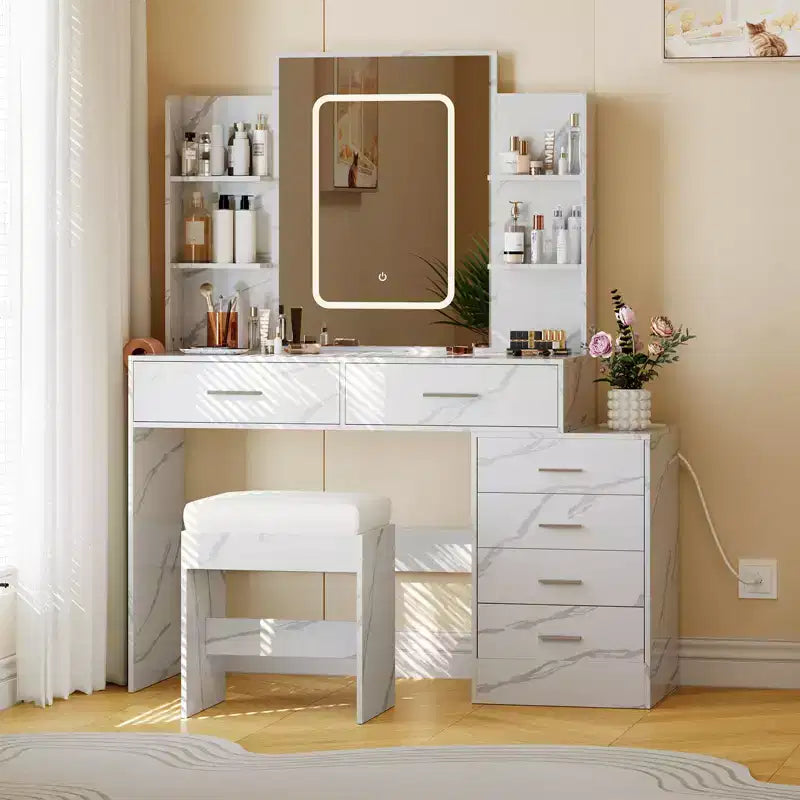Coiffeuse, coiffeuse avec miroir, coiffeuse blanche avec 6 tiroirs et étagères, coiffeuse, coiffeuse avec tabouret