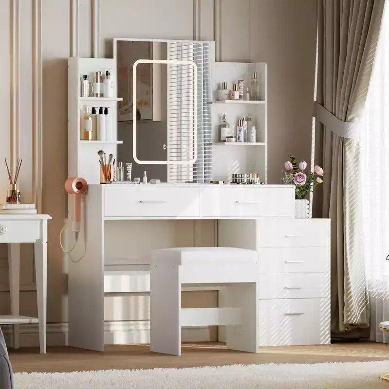 Coiffeuse, coiffeuse avec miroir, coiffeuse blanche avec 6 tiroirs et étagères, coiffeuse, coiffeuse avec tabouret