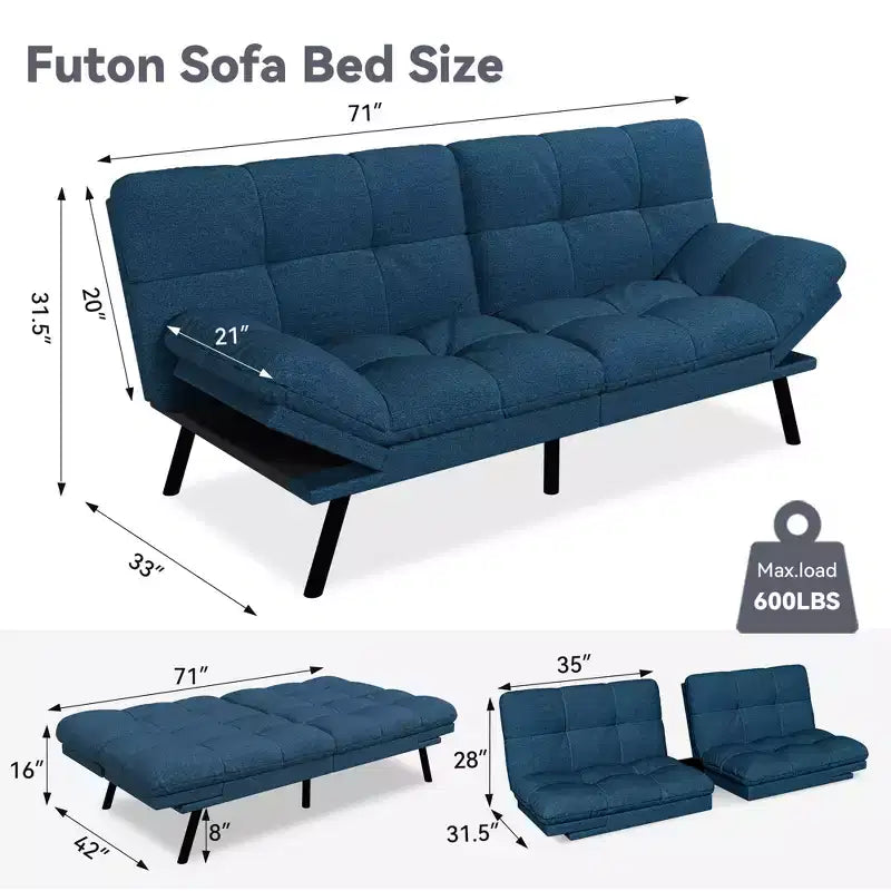 Dyonery 71 Canapé Futon Convertible, Canapé Futon Moderne en Lin avec Coussin Détachable, Dossier et Accoudoirs Réglables