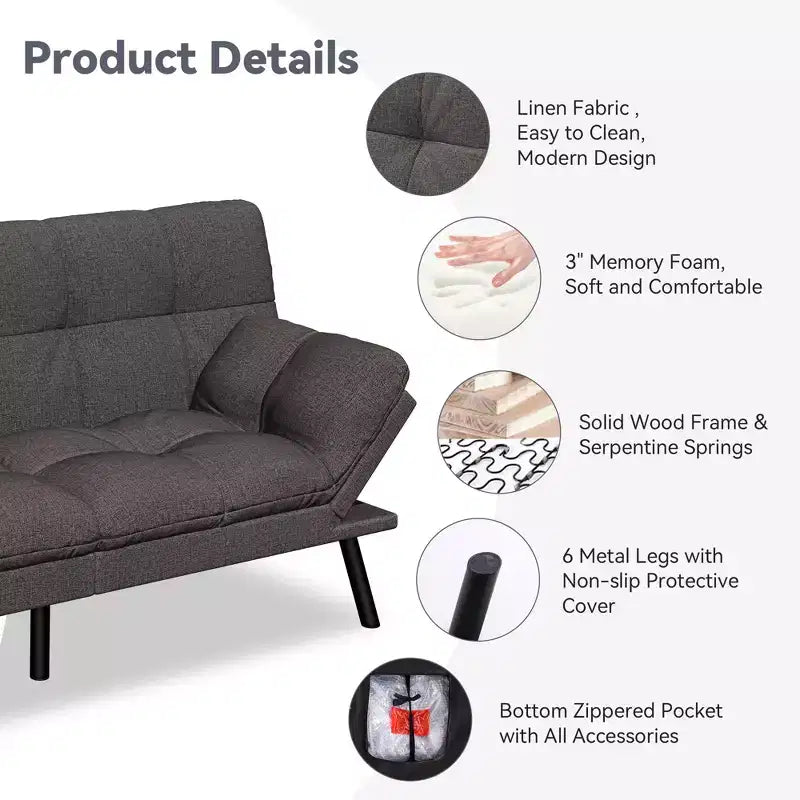 Dyonery 71 Canapé Futon Convertible, Canapé Futon Moderne en Lin avec Coussin Détachable, Dossier et Accoudoirs Réglables