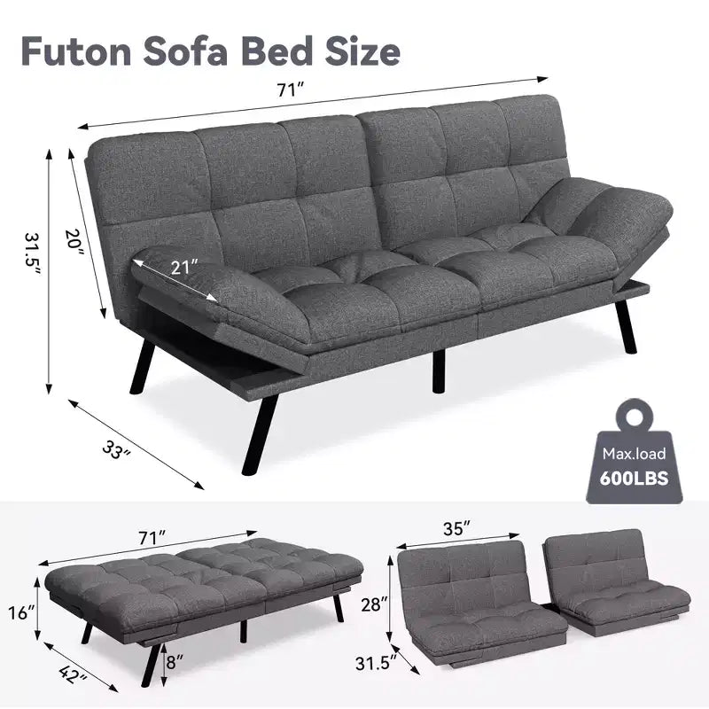 Dyonery 71 Canapé Futon Convertible, Canapé Futon Moderne en Lin avec Coussin Détachable, Dossier et Accoudoirs Réglables