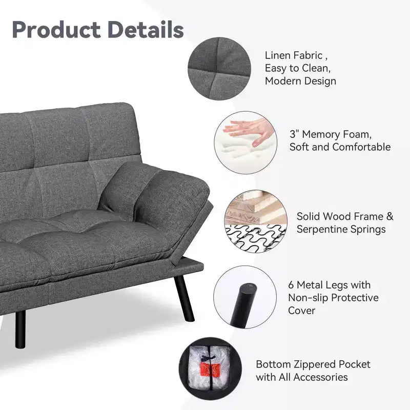 Dyonery 71 Canapé Futon Convertible, Canapé Futon Moderne en Lin avec Coussin Détachable, Dossier et Accoudoirs Réglables