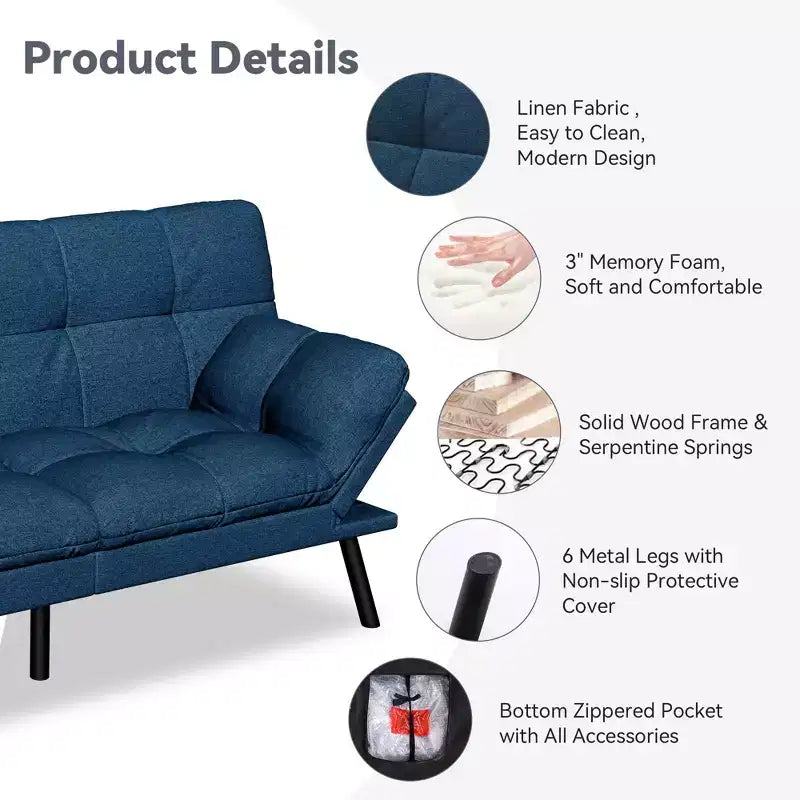 Dyonery 71 Canapé Futon Convertible, Canapé Futon Moderne en Lin avec Coussin Détachable, Dossier et Accoudoirs Réglables