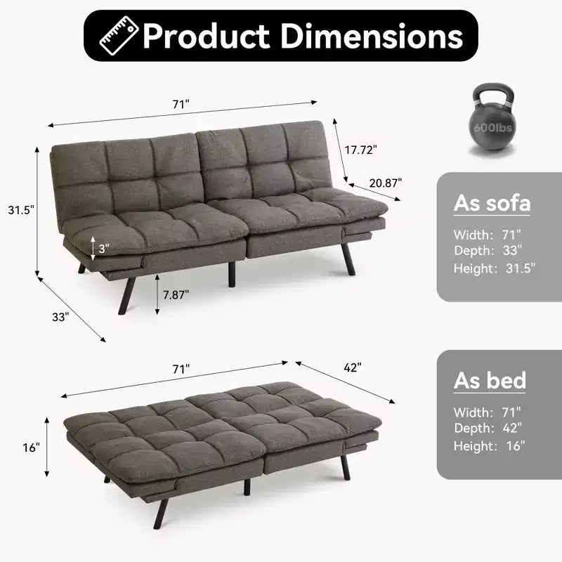 Dyonery 71 Canapé Futon Convertible, Canapé Futon Moderne en Lin avec Coussin Détachable, Dossier et Accoudoirs Réglables