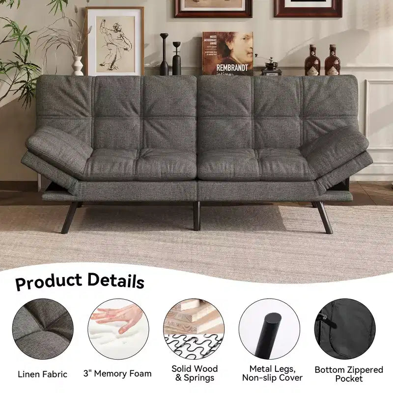 Dyonery 71 Canapé Futon Convertible, Canapé Futon Moderne en Lin avec Coussin Détachable, Dossier et Accoudoirs Réglables