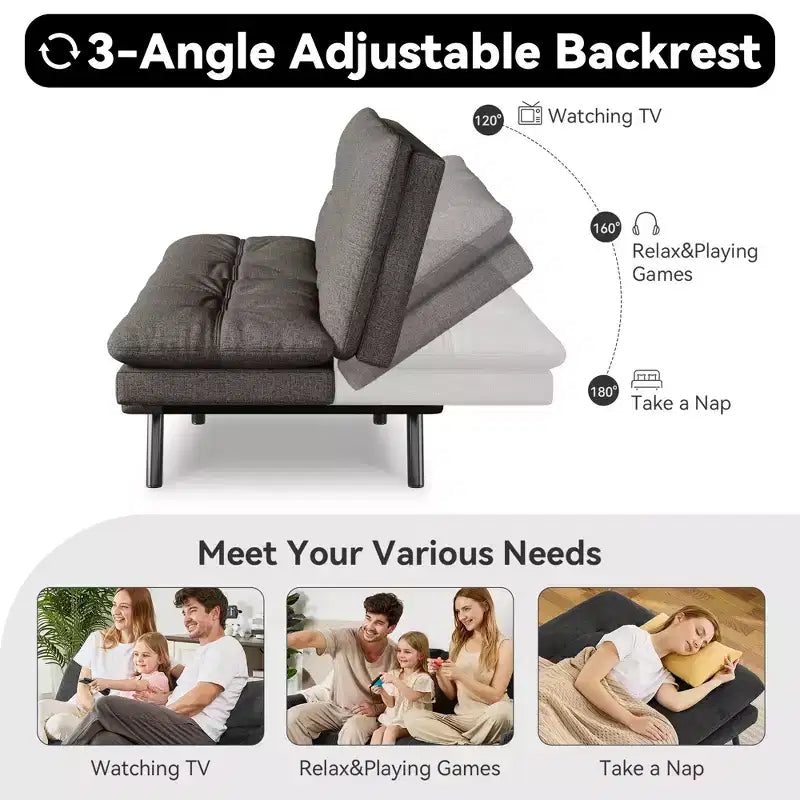 Dyonery 71 Canapé Futon Convertible, Canapé Futon Moderne en Lin avec Coussin Détachable, Dossier et Accoudoirs Réglables
