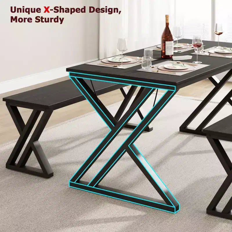 Ensemble table à manger pour 4 personnes, table de cuisine avec cadre en métal robuste, ensemble table de salle à manger rectangulaire avec 2 bancs, peu encombrant pour cuisine, salle à manger
