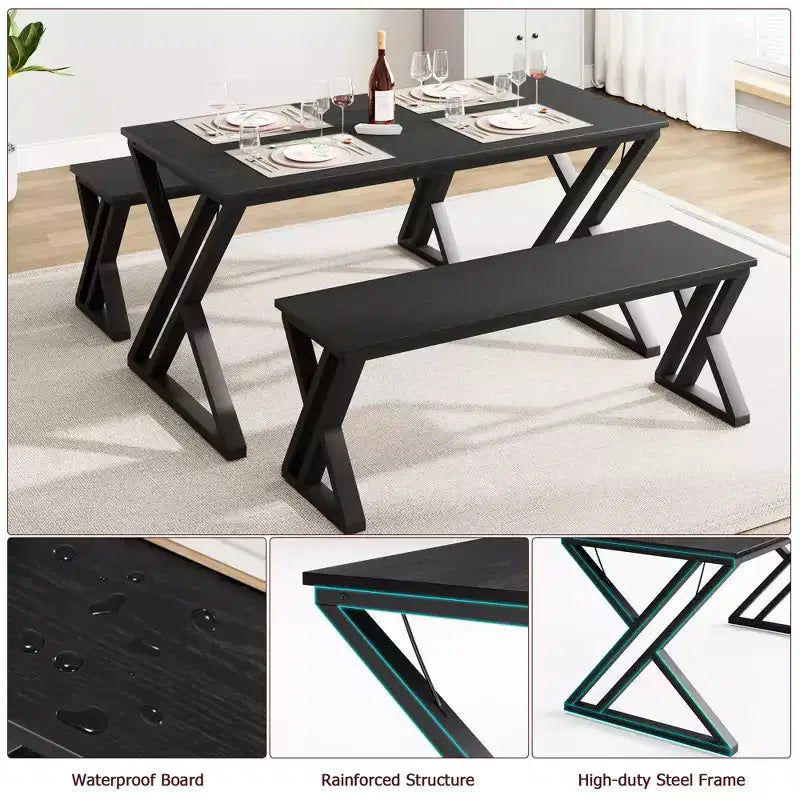 Ensemble table à manger pour 4 personnes, table de cuisine avec cadre en métal robuste, ensemble table de salle à manger rectangulaire avec 2 bancs, peu encombrant pour cuisine, salle à manger