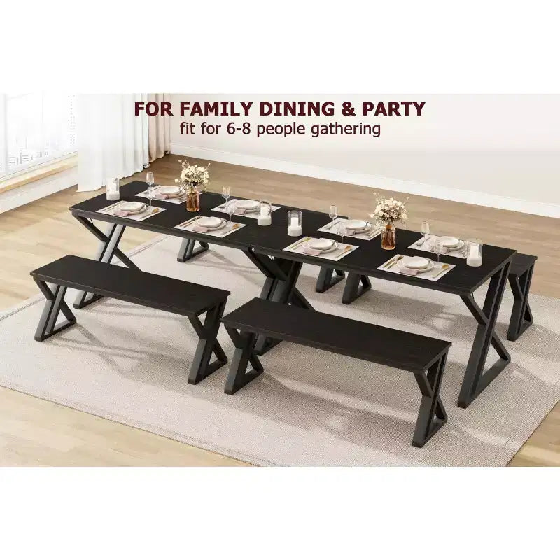 Ensemble table à manger pour 4 personnes, table de cuisine avec cadre en métal robuste, ensemble table de salle à manger rectangulaire avec 2 bancs, peu encombrant pour cuisine, salle à manger
