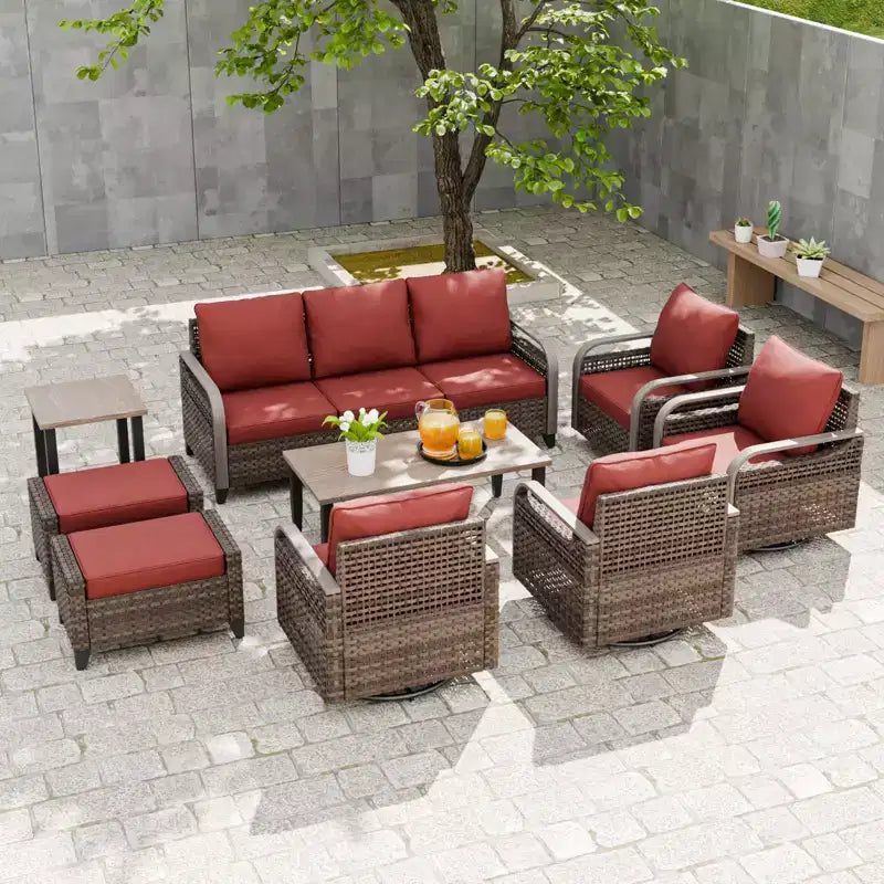 EAGLE PEAK Salon de conversation d'extérieur en osier, 4 fauteuils pivotants, causeuse 3 places, 2 poufs, table, 9 pièces