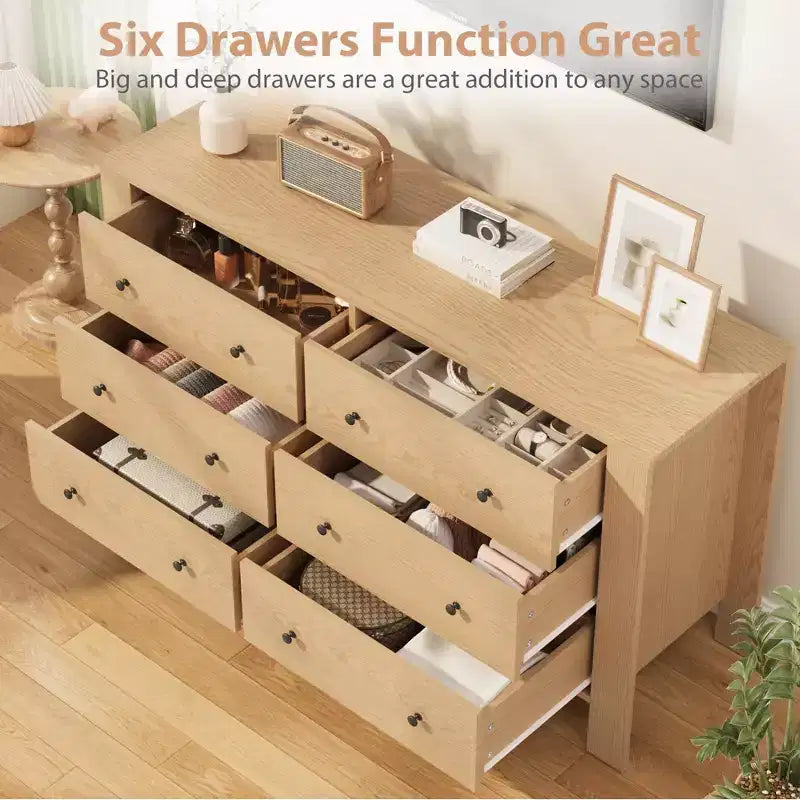 Commodes de chambre, grandes commodes à 6 tiroirs profonds avec poignées en métal, double commodes modernes en bois pour chambre d'enfant, entrée